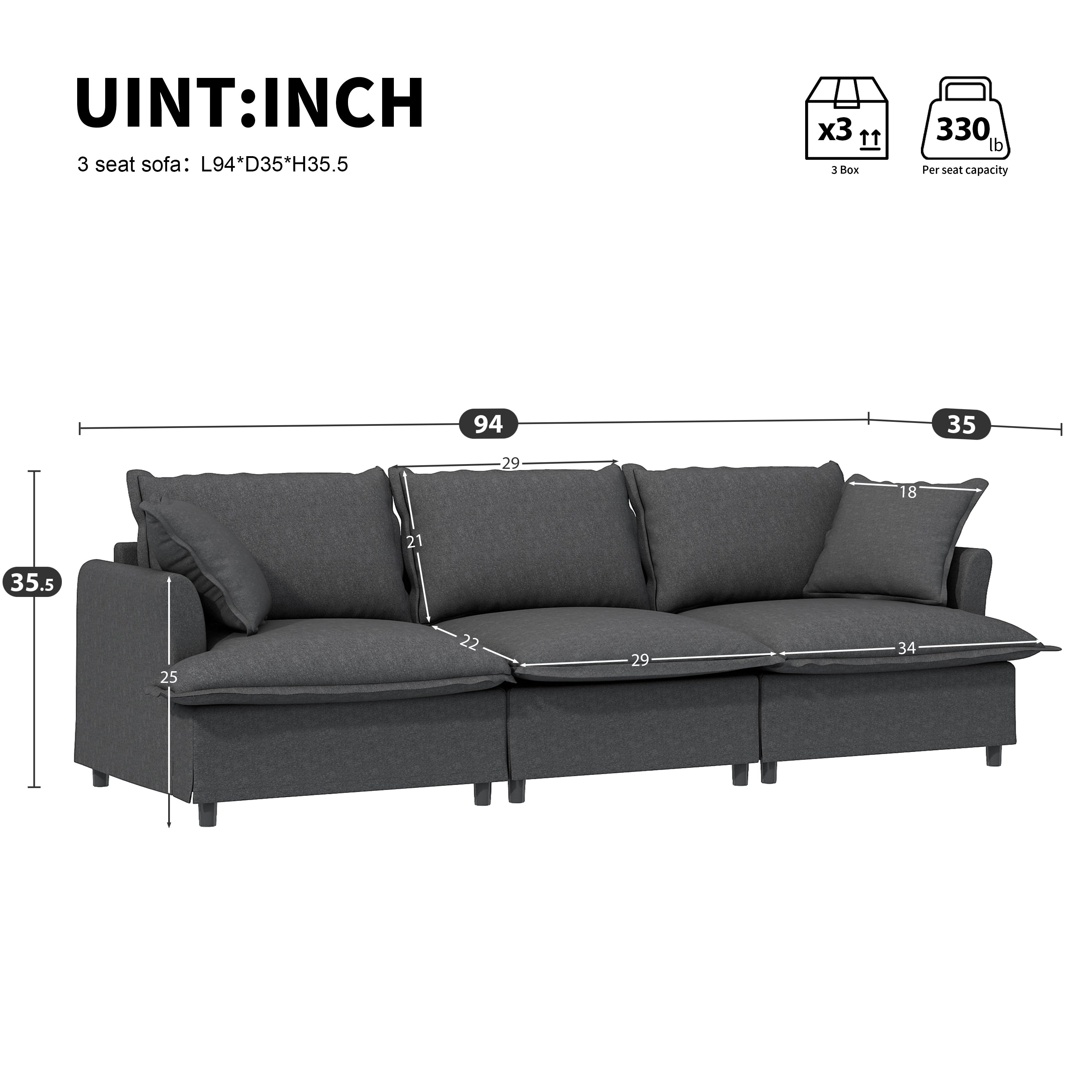[New+Video] 94*35' 3 Seat Sofa Module for Modular Sectional Sofa,Wide Seat,Chenille Cloud Couch with Throw Pillows,Upholstered Indoor Furniture for Living Room,Bedroom,Apartment,2 Colors