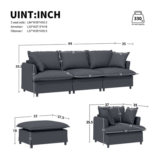 [New+Video] 3 Piece Living Room Sofa Set,Modular Chenille Sectional Couch,Upholstered 3 Seater Sofa & 2 Armchairs,5 Seat Indoor Furniture Sets for Office,Bedroom,Apartment,2 Colors
