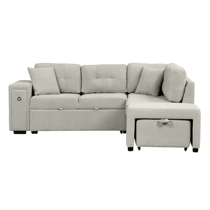 86.6 Sectional Sofa L-shaped Sofa Couch Pull-out Sofa Bed with a Movable Ottoman, Two USB Ports and Two Cup Holders for Living Room, Gray