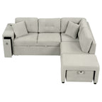 86.6 Sectional Sofa L-shaped Sofa Couch Pull-out Sofa Bed with a Movable Ottoman, Two USB Ports and Two Cup Holders for Living Room, Gray