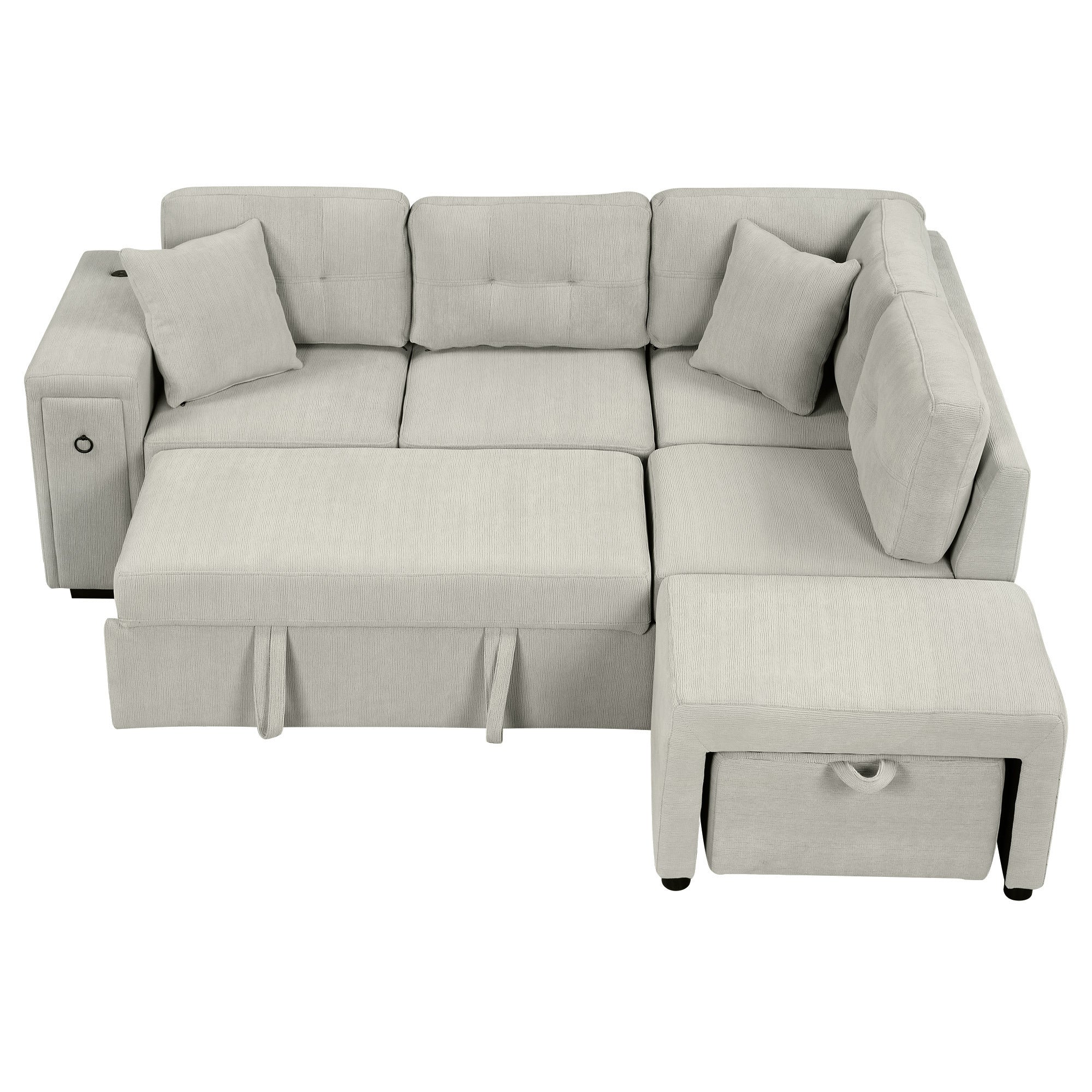 86.6 Sectional Sofa L-shaped Sofa Couch Pull-out Sofa Bed with a Movable Ottoman, Two USB Ports and Two Cup Holders for Living Room, Gray