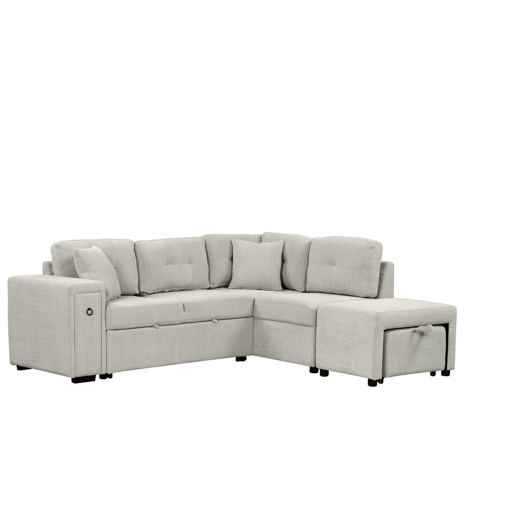 86.6 Sectional Sofa L-shaped Sofa Couch Pull-out Sofa Bed with a Movable Ottoman, Two USB Ports and Two Cup Holders for Living Room, Gray