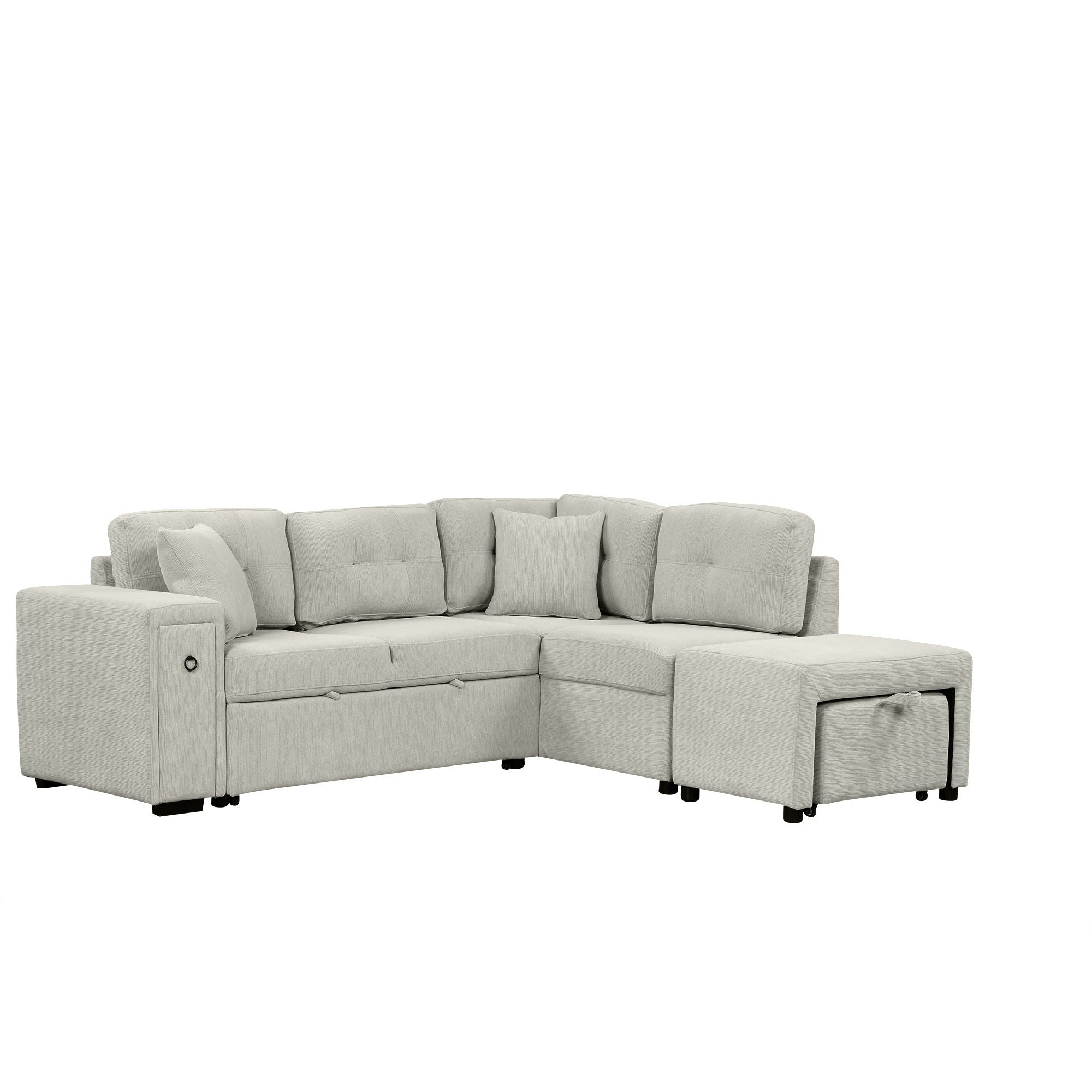 86.6 Sectional Sofa L-shaped Sofa Couch Pull-out Sofa Bed with a Movable Ottoman, Two USB Ports and Two Cup Holders for Living Room, Gray