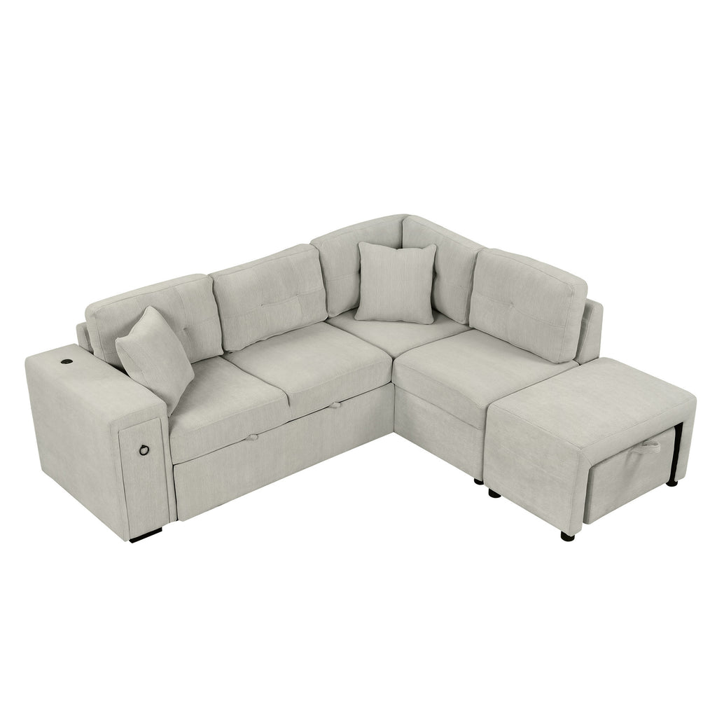 86.6 Sectional Sofa L-shaped Sofa Couch Pull-out Sofa Bed with a Movable Ottoman, Two USB Ports and Two Cup Holders for Living Room, Gray