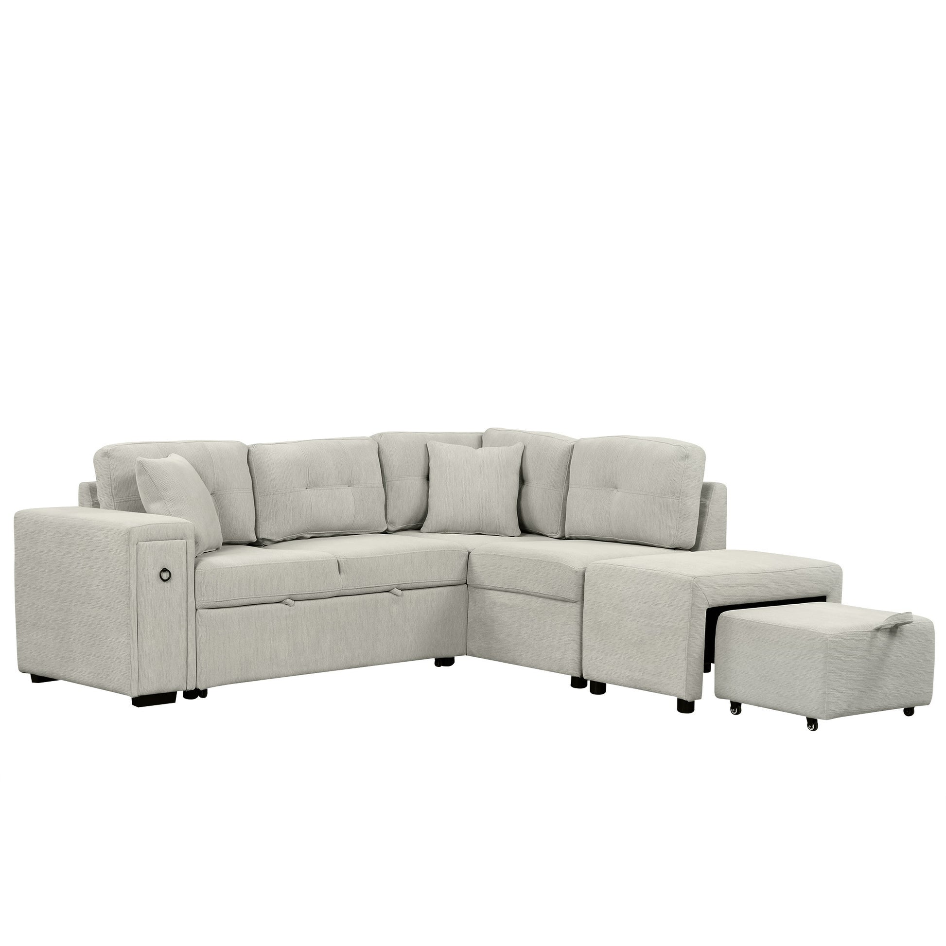 86.6 Sectional Sofa L-shaped Sofa Couch Pull-out Sofa Bed with a Movable Ottoman, Two USB Ports and Two Cup Holders for Living Room, Gray