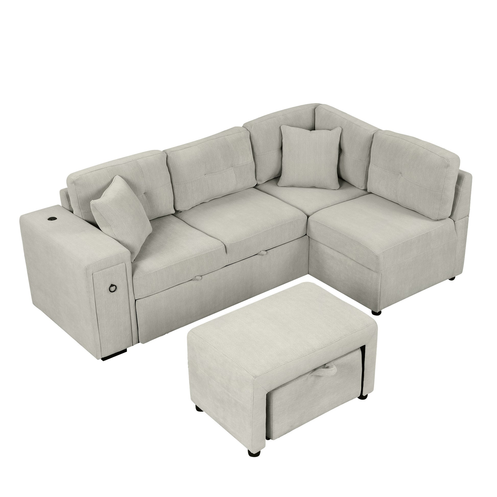86.6 Sectional Sofa L-shaped Sofa Couch Pull-out Sofa Bed with a Movable Ottoman, Two USB Ports and Two Cup Holders for Living Room, Gray