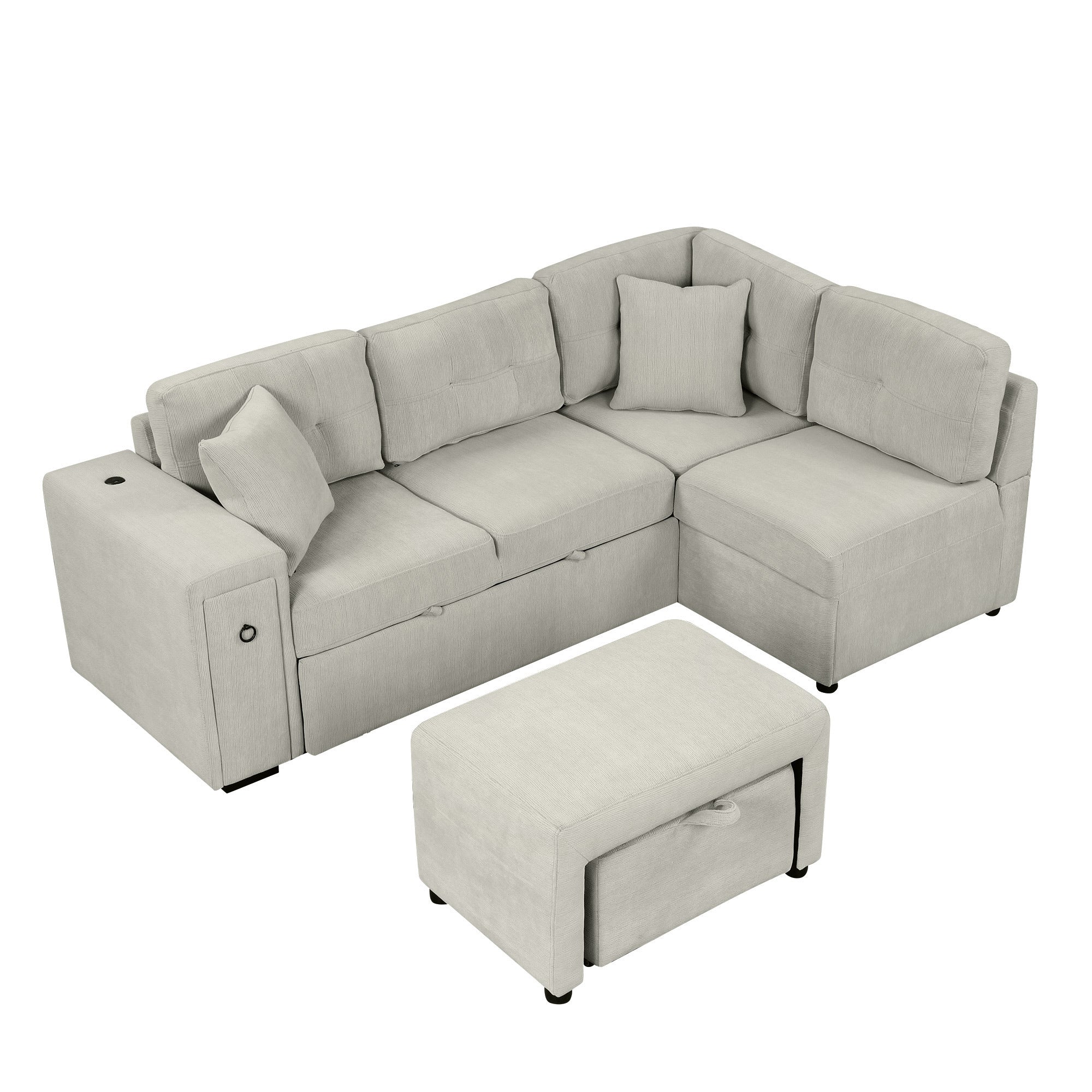 86.6 Sectional Sofa L-shaped Sofa Couch Pull-out Sofa Bed with a Movable Ottoman, Two USB Ports and Two Cup Holders for Living Room, Gray