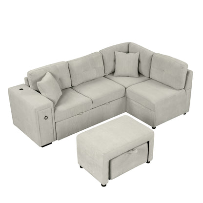 86.6 Sectional Sofa L-shaped Sofa Couch Pull-out Sofa Bed with a Movable Ottoman, Two USB Ports and Two Cup Holders for Living Room, Gray