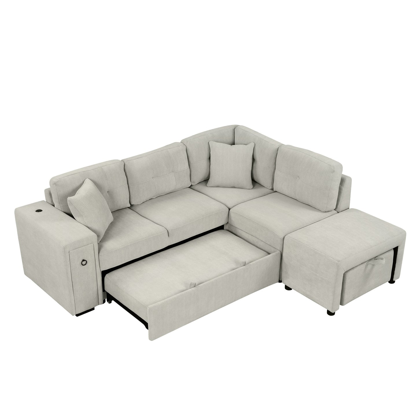 86.6 Sectional Sofa L-shaped Sofa Couch Pull-out Sofa Bed with a Movable Ottoman, Two USB Ports and Two Cup Holders for Living Room, Gray