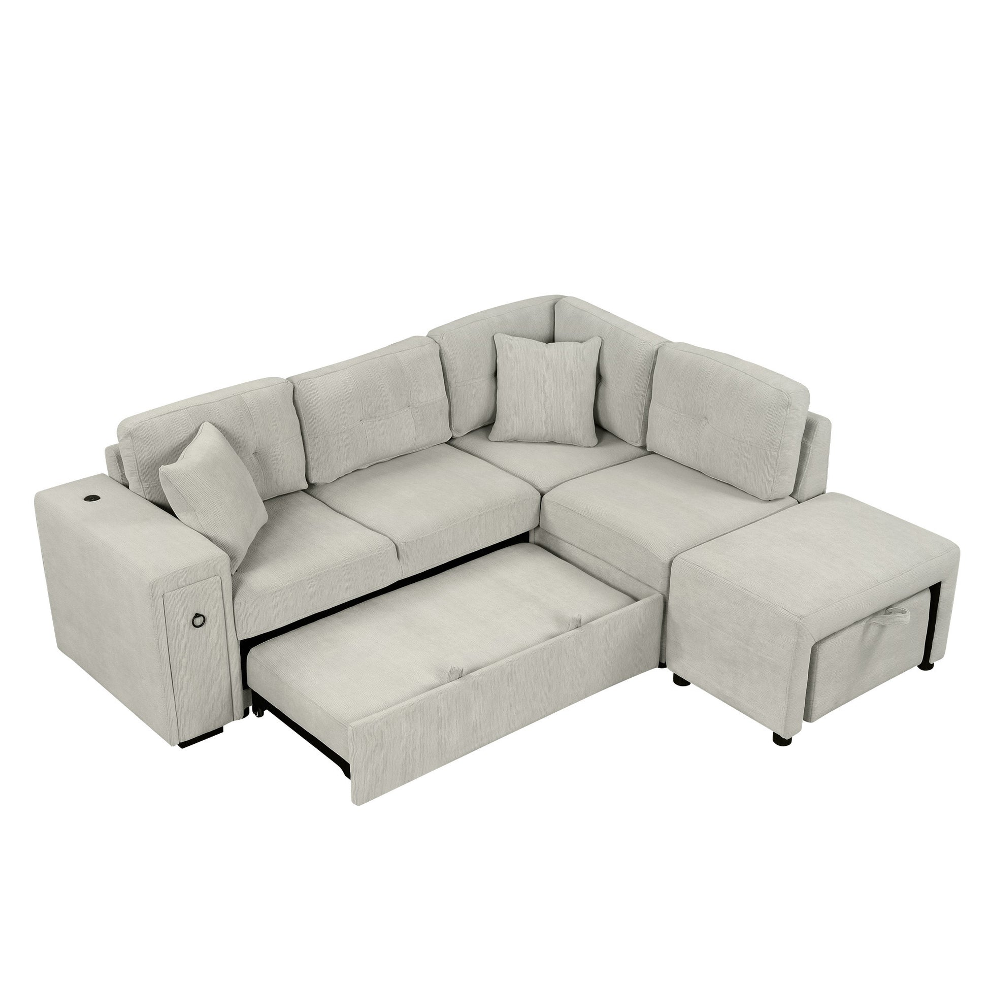 86.6 Sectional Sofa L-shaped Sofa Couch Pull-out Sofa Bed with a Movable Ottoman, Two USB Ports and Two Cup Holders for Living Room, Gray