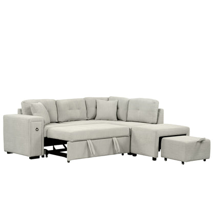 86.6 Sectional Sofa L-shaped Sofa Couch Pull-out Sofa Bed with a Movable Ottoman, Two USB Ports and Two Cup Holders for Living Room, Gray