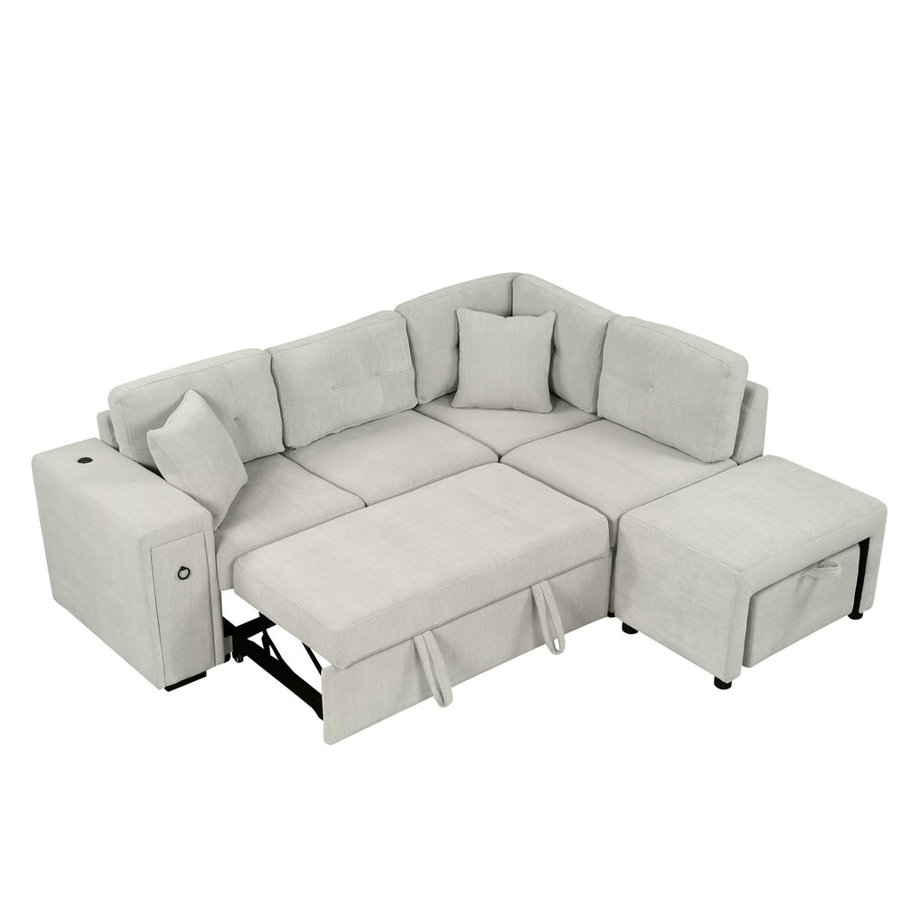 86.6 Sectional Sofa L-shaped Sofa Couch Pull-out Sofa Bed with a Movable Ottoman, Two USB Ports and Two Cup Holders for Living Room, Gray