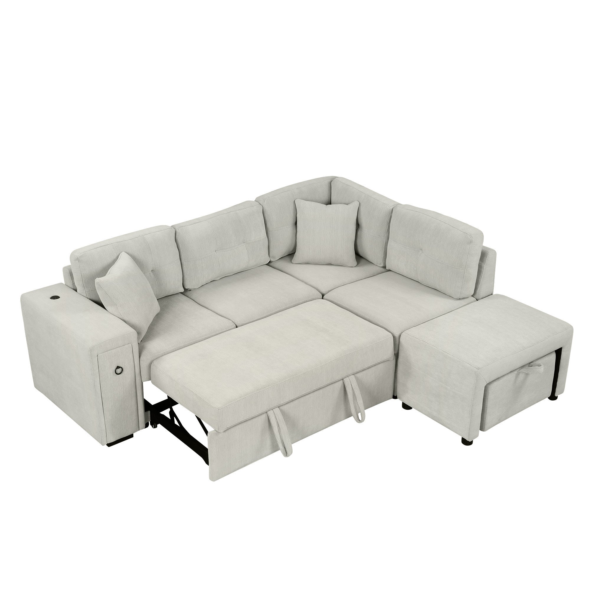 86.6 Sectional Sofa L-shaped Sofa Couch Pull-out Sofa Bed with a Movable Ottoman, Two USB Ports and Two Cup Holders for Living Room, Gray