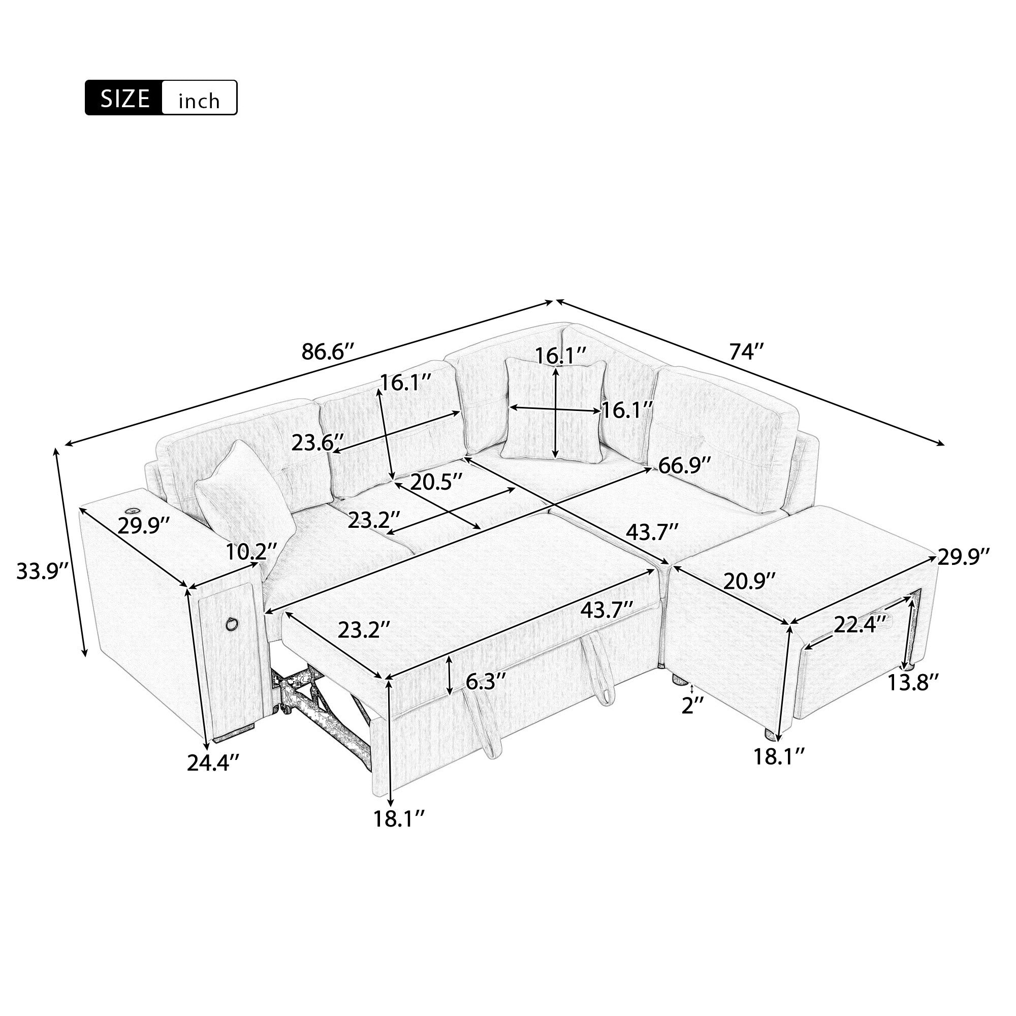 86.6 Sectional Sofa L-shaped Sofa Couch Pull-out Sofa Bed with a Movable Ottoman, Two USB Ports and Two Cup Holders for Living Room, Gray