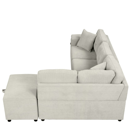 86.6 Sectional Sofa L-shaped Sofa Couch Pull-out Sofa Bed with a Movable Ottoman, Two USB Ports and Two Cup Holders for Living Room, Gray