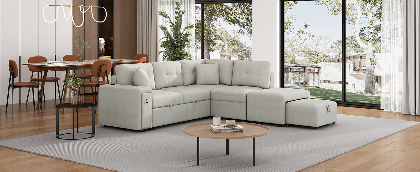 86.6 Sectional Sofa L-shaped Sofa Couch Pull-out Sofa Bed with a Movable Ottoman, Two USB Ports and Two Cup Holders for Living Room, Gray