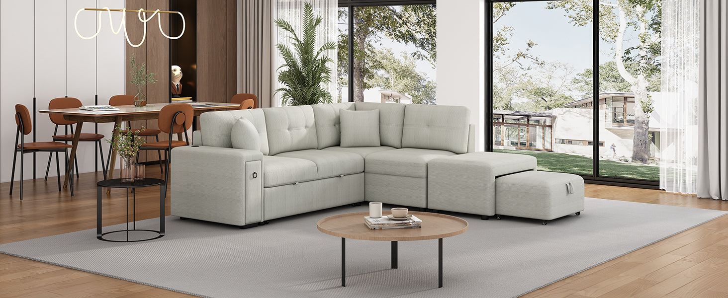 86.6 Sectional Sofa L-shaped Sofa Couch Pull-out Sofa Bed with a Movable Ottoman, Two USB Ports and Two Cup Holders for Living Room, Gray