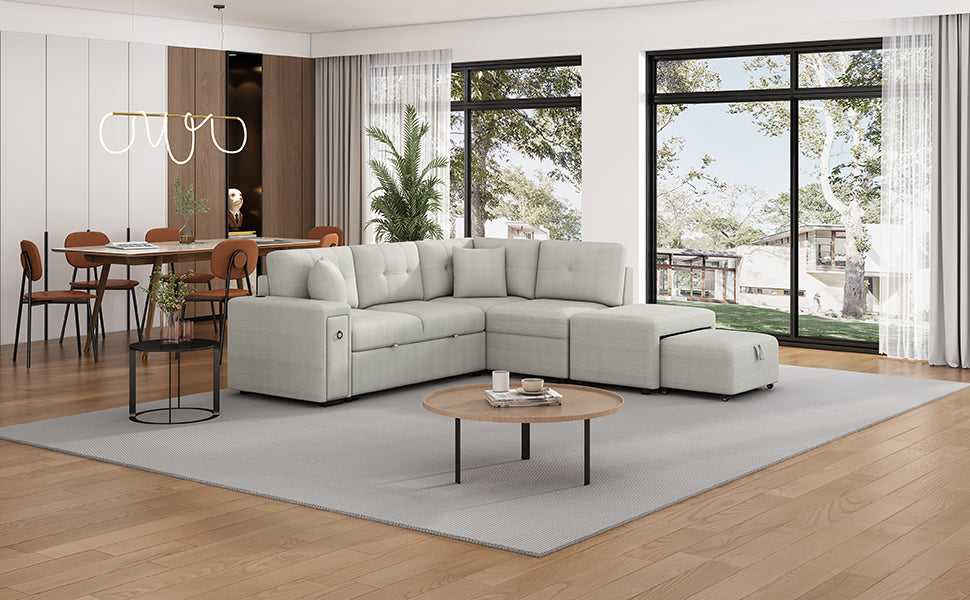 86.6 Sectional Sofa L-shaped Sofa Couch Pull-out Sofa Bed with a Movable Ottoman, Two USB Ports and Two Cup Holders for Living Room, Gray