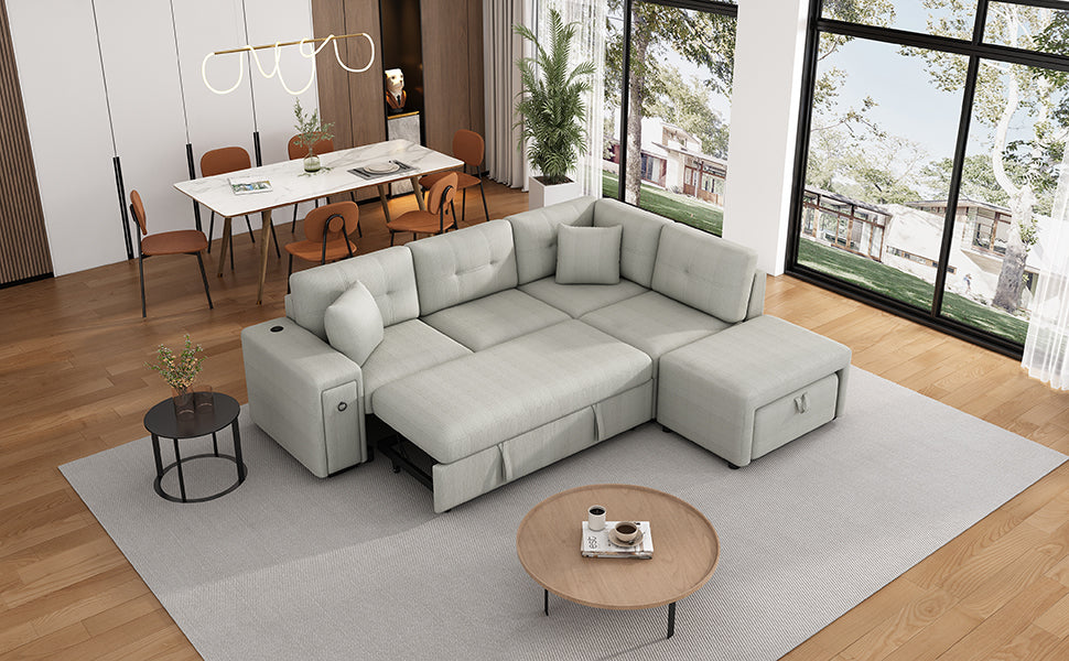 86.6 Sectional Sofa L-shaped Sofa Couch Pull-out Sofa Bed with a Movable Ottoman, Two USB Ports and Two Cup Holders for Living Room, Gray