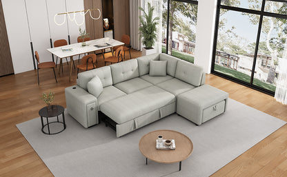 86.6 Sectional Sofa L-shaped Sofa Couch Pull-out Sofa Bed with a Movable Ottoman, Two USB Ports and Two Cup Holders for Living Room, Gray