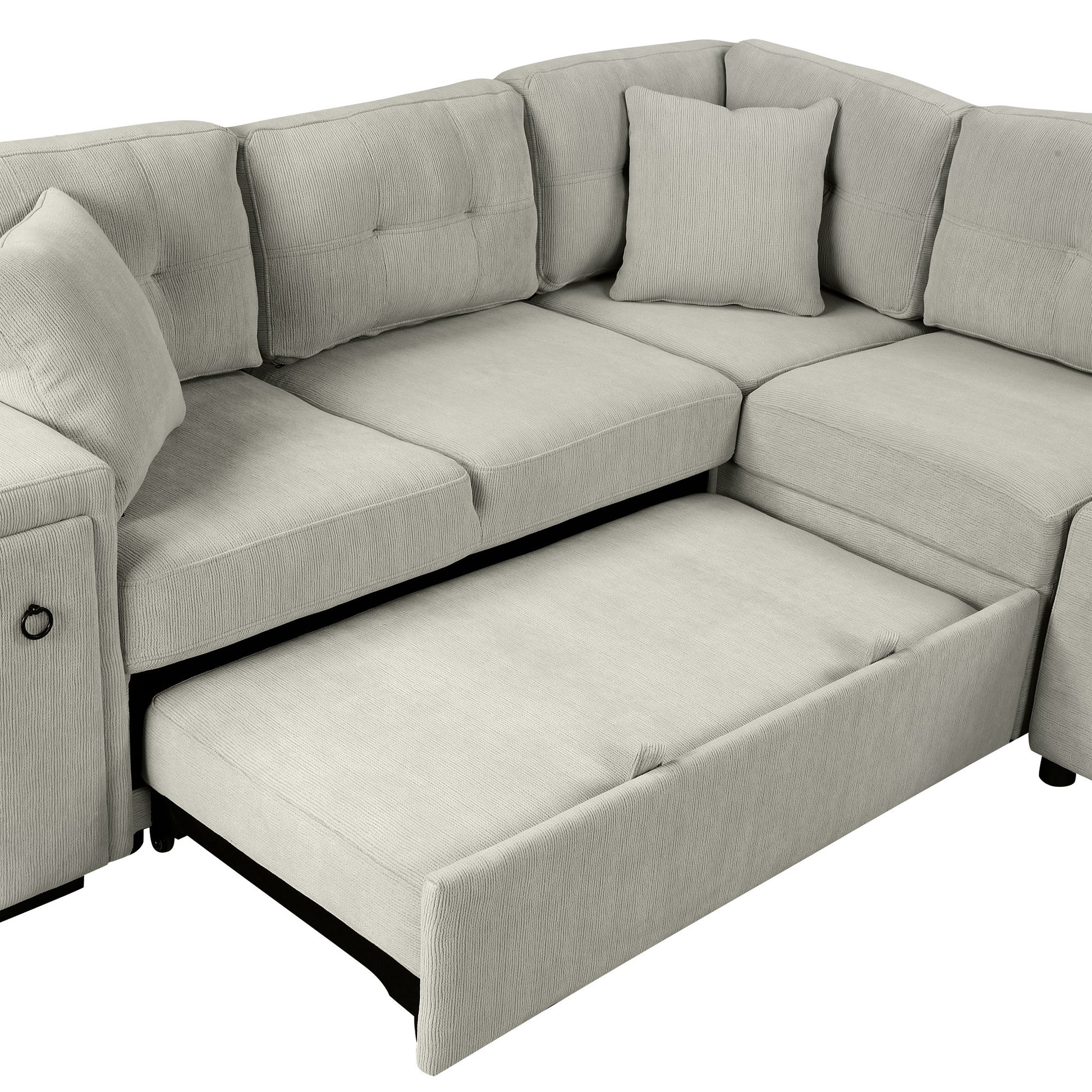 86.6 Sectional Sofa L-shaped Sofa Couch Pull-out Sofa Bed with a Movable Ottoman, Two USB Ports and Two Cup Holders for Living Room, Gray