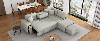 86.6 Sectional Sofa L-shaped Sofa Couch Pull-out Sofa Bed with a Movable Ottoman, Two USB Ports and Two Cup Holders for Living Room, Gray