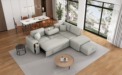86.6 Sectional Sofa L-shaped Sofa Couch Pull-out Sofa Bed with a Movable Ottoman, Two USB Ports and Two Cup Holders for Living Room, Gray