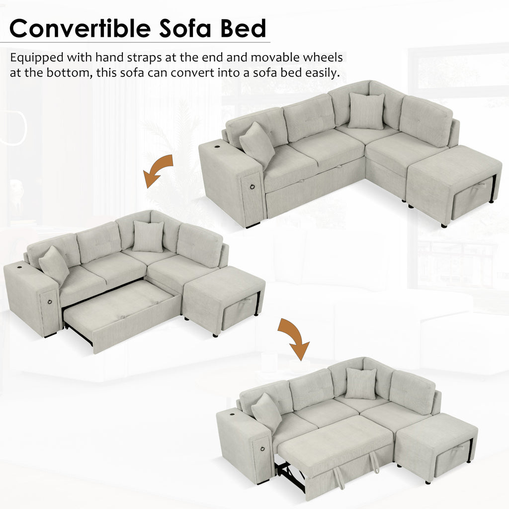 86.6 Sectional Sofa L-shaped Sofa Couch Pull-out Sofa Bed with a Movable Ottoman, Two USB Ports and Two Cup Holders for Living Room, Gray