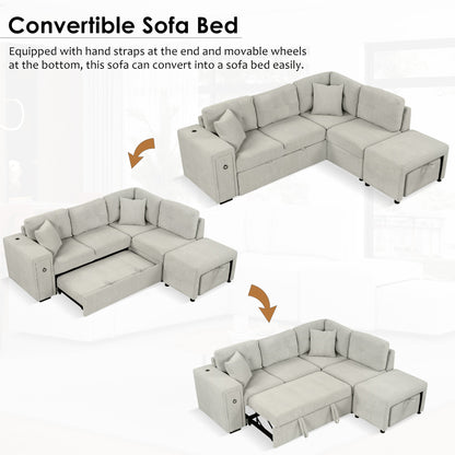 86.6 Sectional Sofa L-shaped Sofa Couch Pull-out Sofa Bed with a Movable Ottoman, Two USB Ports and Two Cup Holders for Living Room, Gray