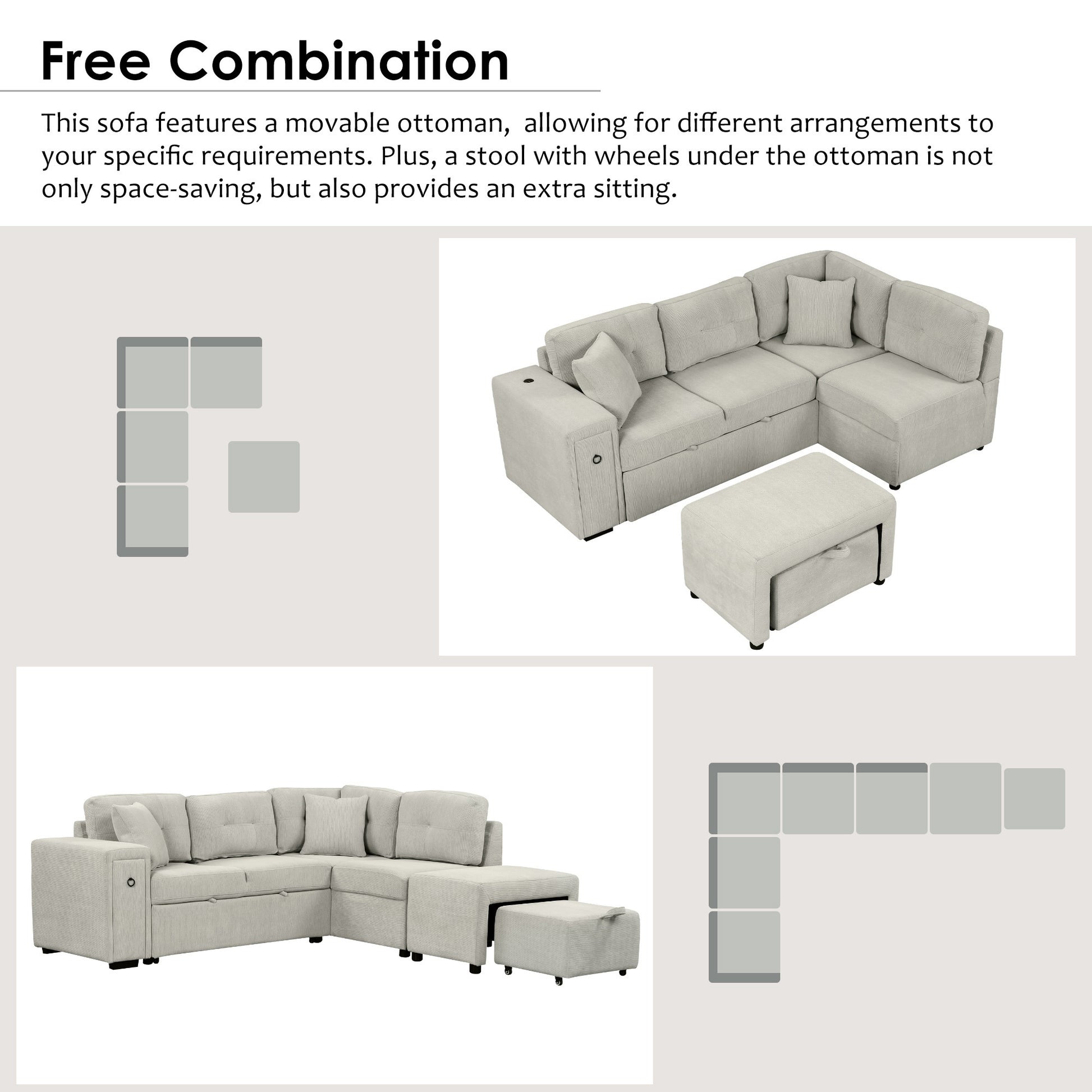 86.6 Sectional Sofa L-shaped Sofa Couch Pull-out Sofa Bed with a Movable Ottoman, Two USB Ports and Two Cup Holders for Living Room, Gray