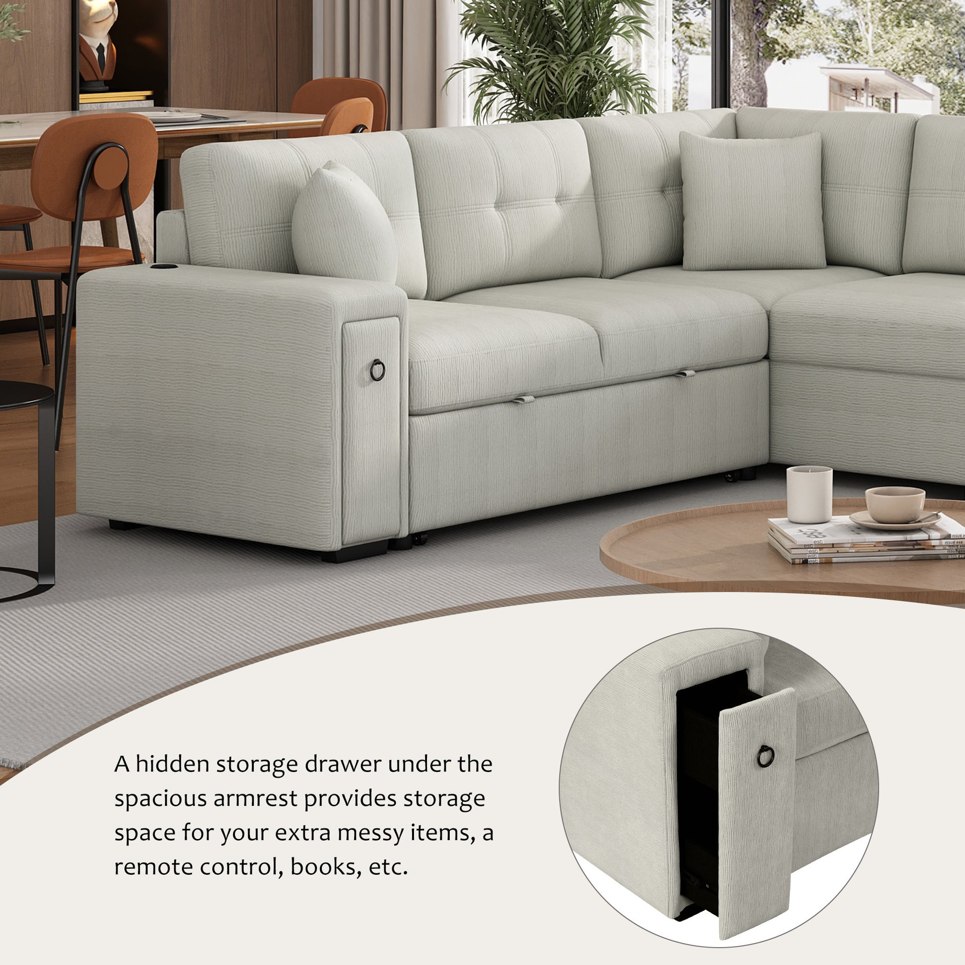 86.6 Sectional Sofa L-shaped Sofa Couch Pull-out Sofa Bed with a Movable Ottoman, Two USB Ports and Two Cup Holders for Living Room, Gray