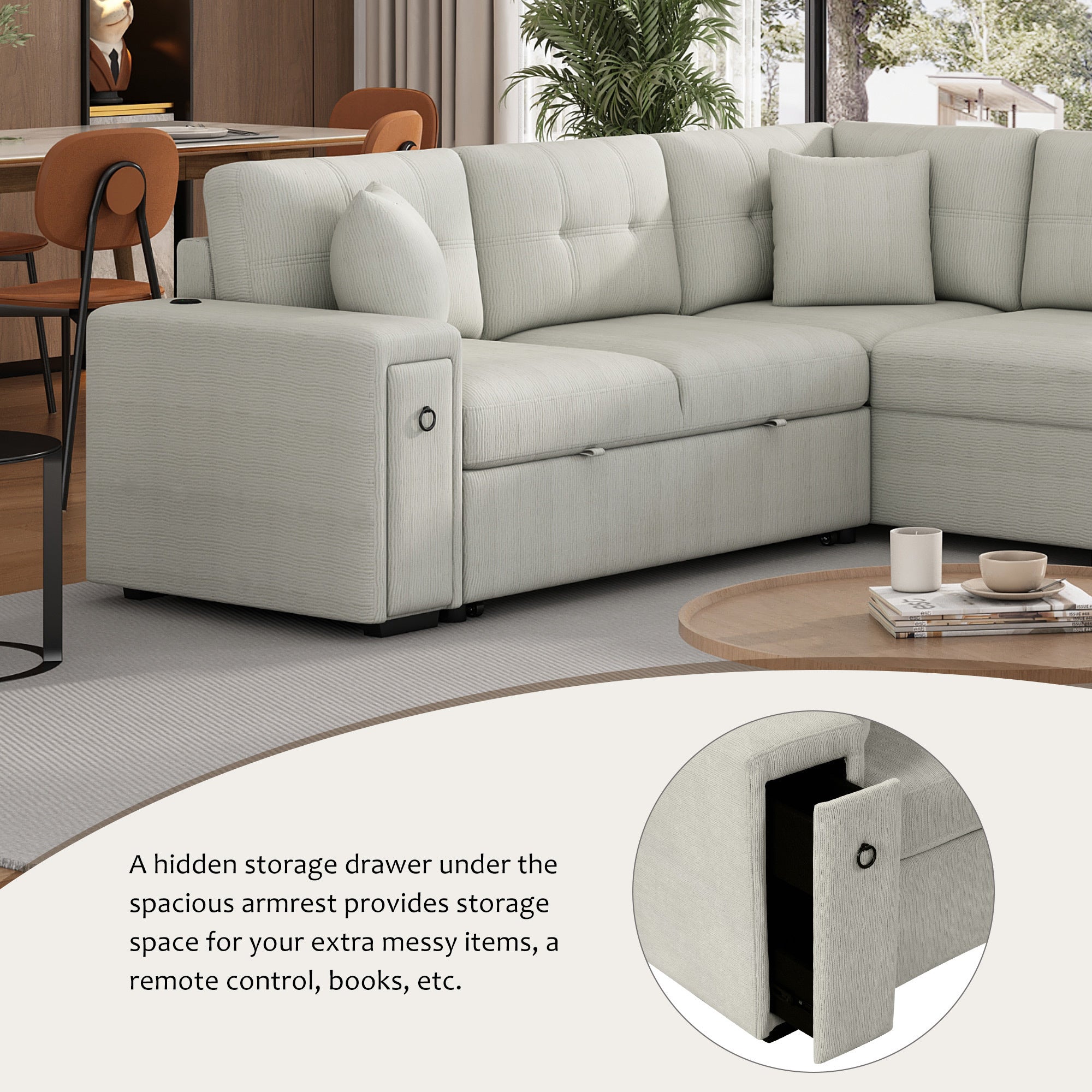 86.6 Sectional Sofa L-shaped Sofa Couch Pull-out Sofa Bed with a Movable Ottoman, Two USB Ports and Two Cup Holders for Living Room, Gray