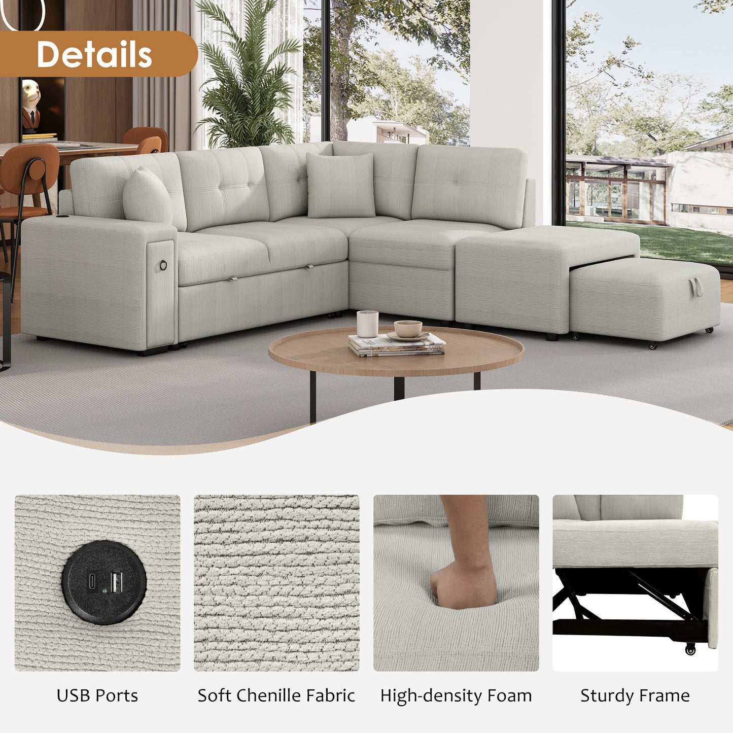 86.6 Sectional Sofa L-shaped Sofa Couch Pull-out Sofa Bed with a Movable Ottoman, Two USB Ports and Two Cup Holders for Living Room, Gray