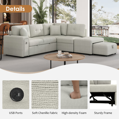86.6 Sectional Sofa L-shaped Sofa Couch Pull-out Sofa Bed with a Movable Ottoman, Two USB Ports and Two Cup Holders for Living Room, Gray