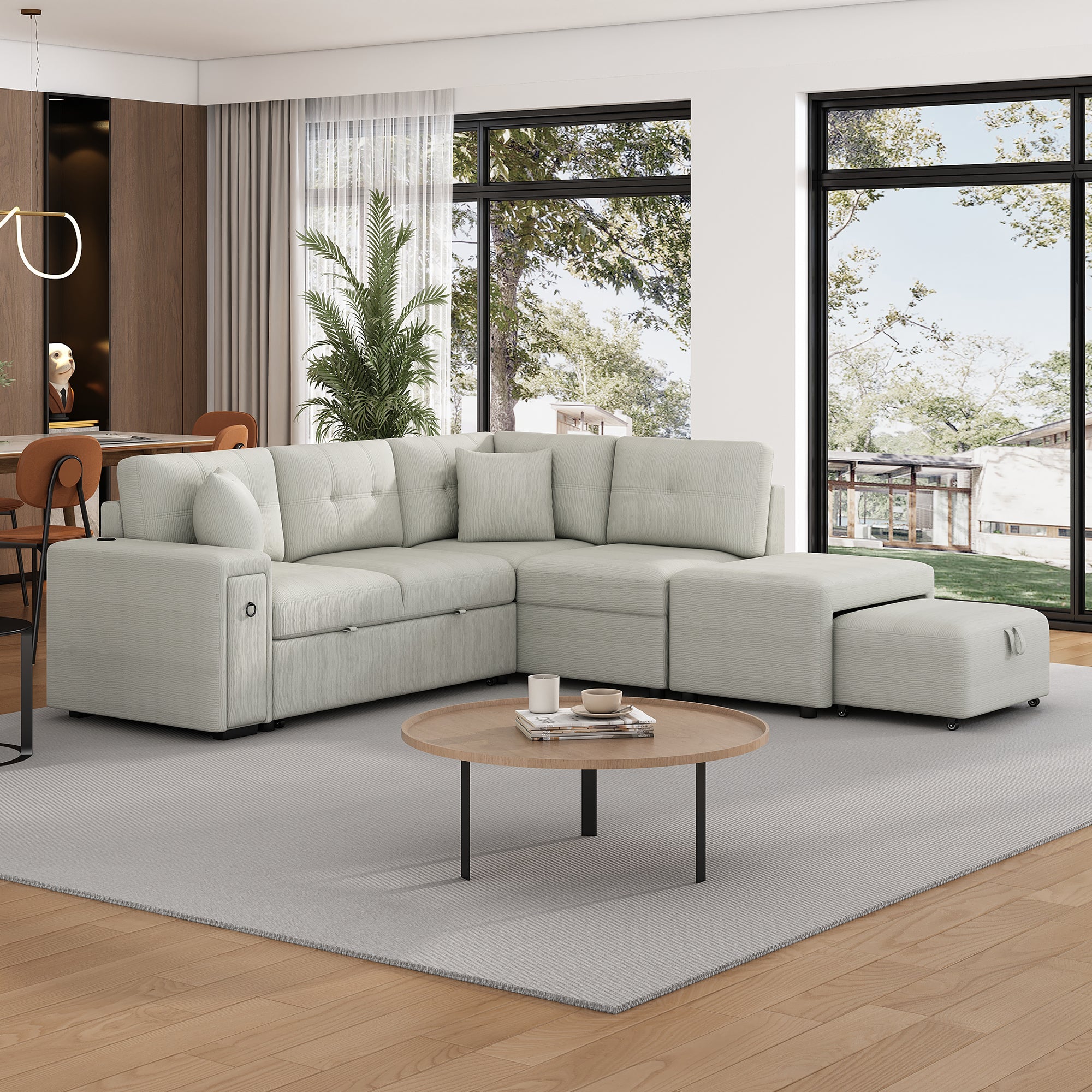 86.6 Sectional Sofa L-shaped Sofa Couch Pull-out Sofa Bed with a Movable Ottoman, Two USB Ports and Two Cup Holders for Living Room, Gray