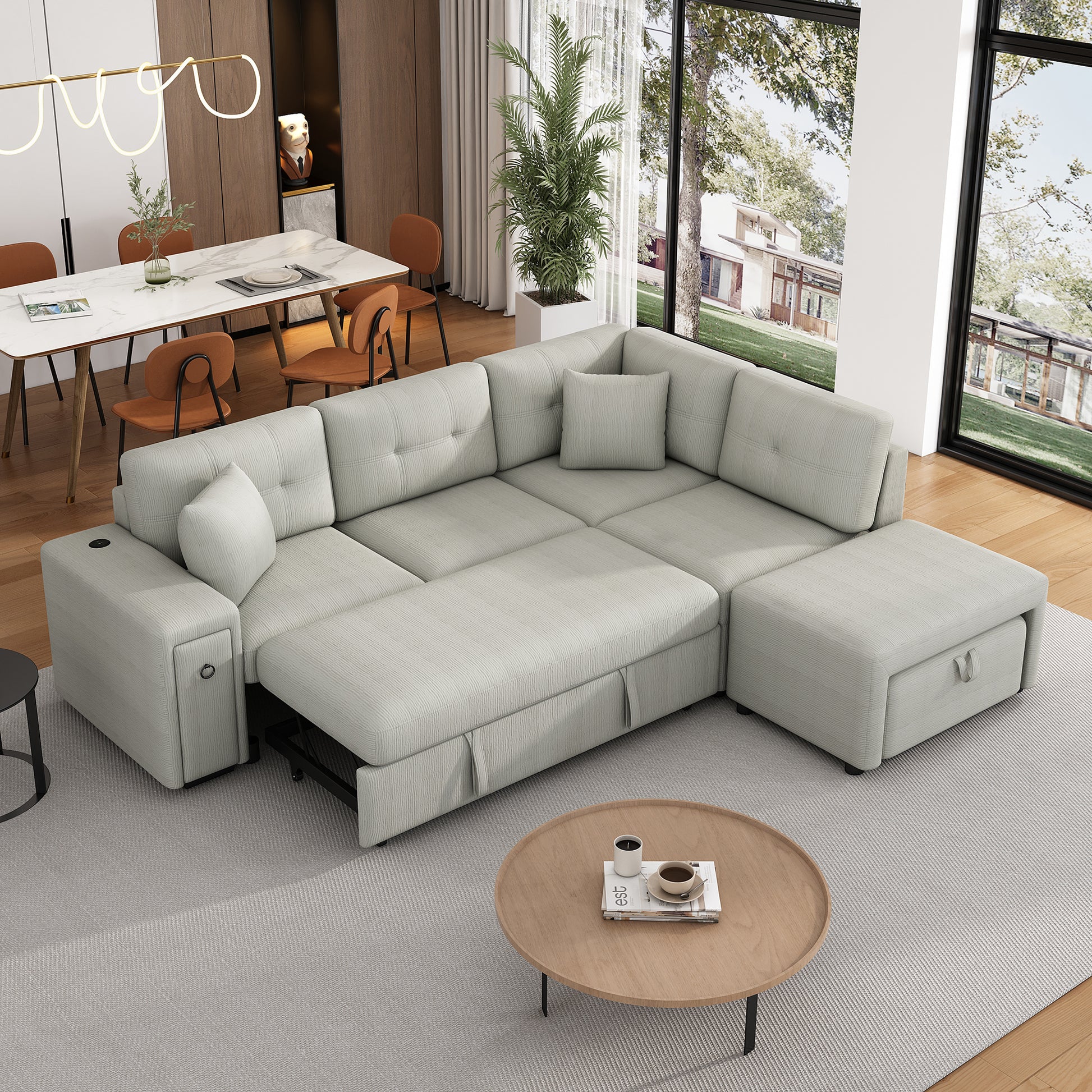 86.6 Sectional Sofa L-shaped Sofa Couch Pull-out Sofa Bed with a Movable Ottoman, Two USB Ports and Two Cup Holders for Living Room, Gray