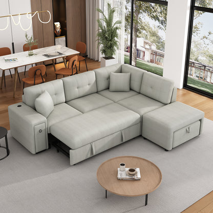 86.6 Sectional Sofa L-shaped Sofa Couch Pull-out Sofa Bed with a Movable Ottoman, Two USB Ports and Two Cup Holders for Living Room, Gray