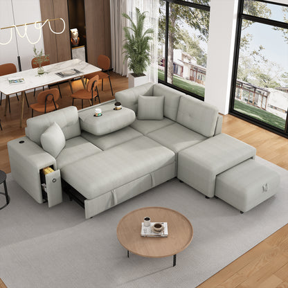 86.6 Sectional Sofa L-shaped Sofa Couch Pull-out Sofa Bed with a Movable Ottoman, Two USB Ports and Two Cup Holders for Living Room, Gray