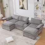[NEW ARRIVED] [VIDEO PROVIDED]U Shaped Modular Sectional Sofa,Storage Console & Wireless Charging,2 Cup Holders,Bluetooth Speakers,2 Movable Footstools,Adjustable handrail,Movable seat,Chenille,Gray Sectional Sofa