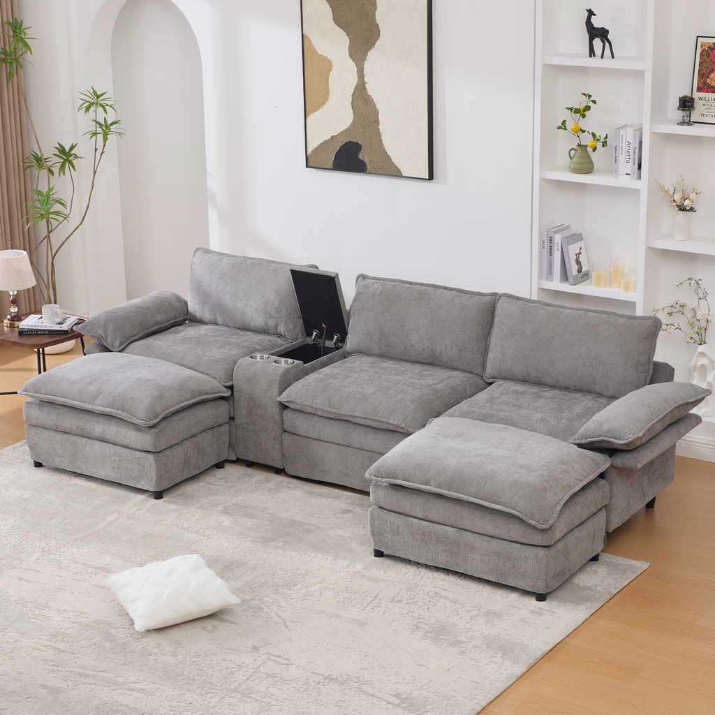 [NEW ARRIVED] [VIDEO PROVIDED]U Shaped Modular Sectional Sofa,Storage Console & Wireless Charging,2 Cup Holders,Bluetooth Speakers,2 Movable Footstools,Adjustable handrail,Movable seat,Chenille,Gray Sectional Sofa