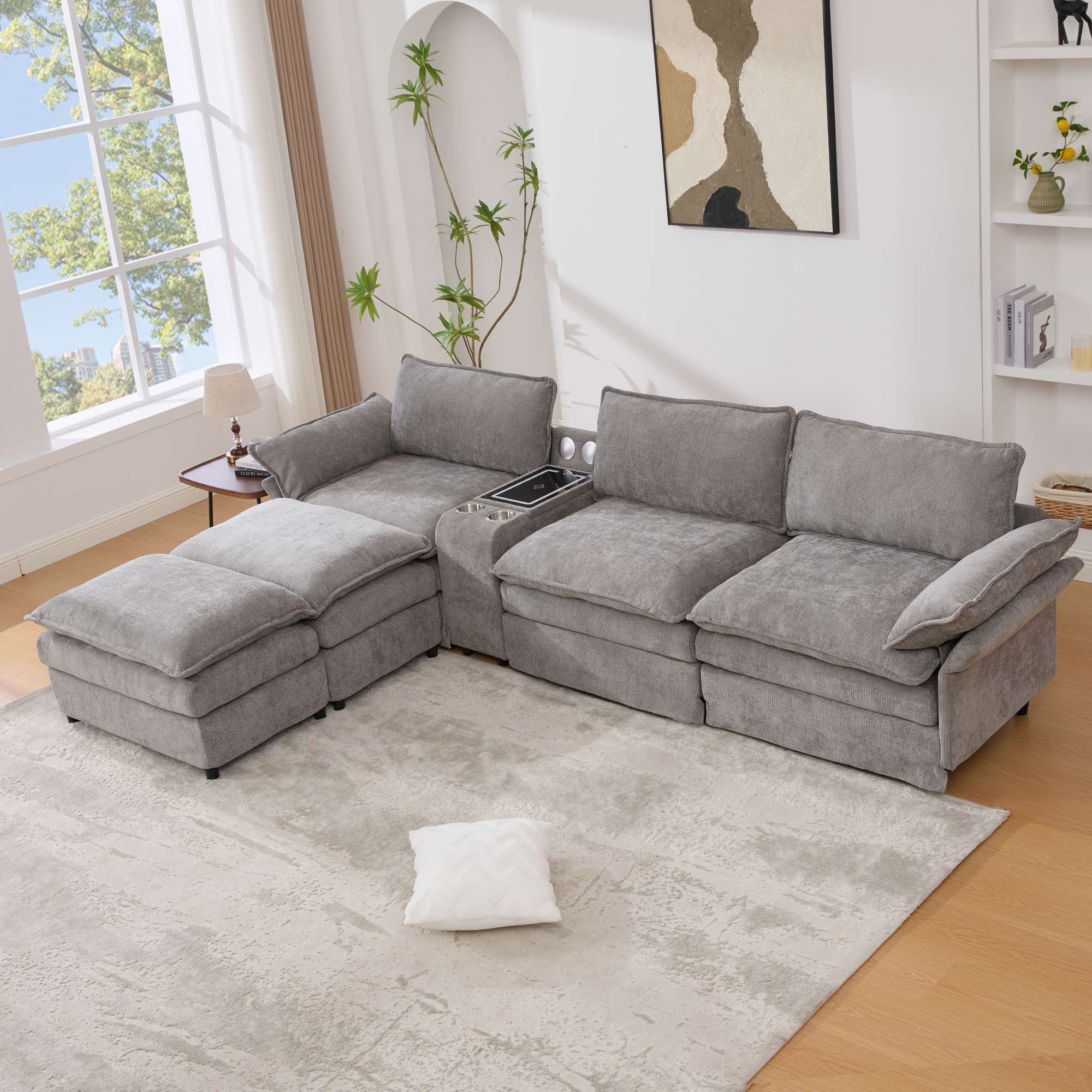 [NEW ARRIVED] [VIDEO PROVIDED]U Shaped Modular Sectional Sofa,Storage Console & Wireless Charging,2 Cup Holders,Bluetooth Speakers,2 Movable Footstools,Adjustable handrail,Movable seat,Chenille,Gray Sectional Sofa