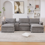 [NEW ARRIVED] [VIDEO PROVIDED]U Shaped Modular Sectional Sofa,Storage Console & Wireless Charging,2 Cup Holders,Bluetooth Speakers,2 Movable Footstools,Adjustable handrail,Movable seat,Chenille,Gray Sectional Sofa