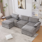 [NEW ARRIVED] [VIDEO PROVIDED]U Shaped Modular Sectional Sofa,Storage Console & Wireless Charging,2 Cup Holders,Bluetooth Speakers,2 Movable Footstools,Adjustable handrail,Movable seat,Chenille,Gray Sectional Sofa