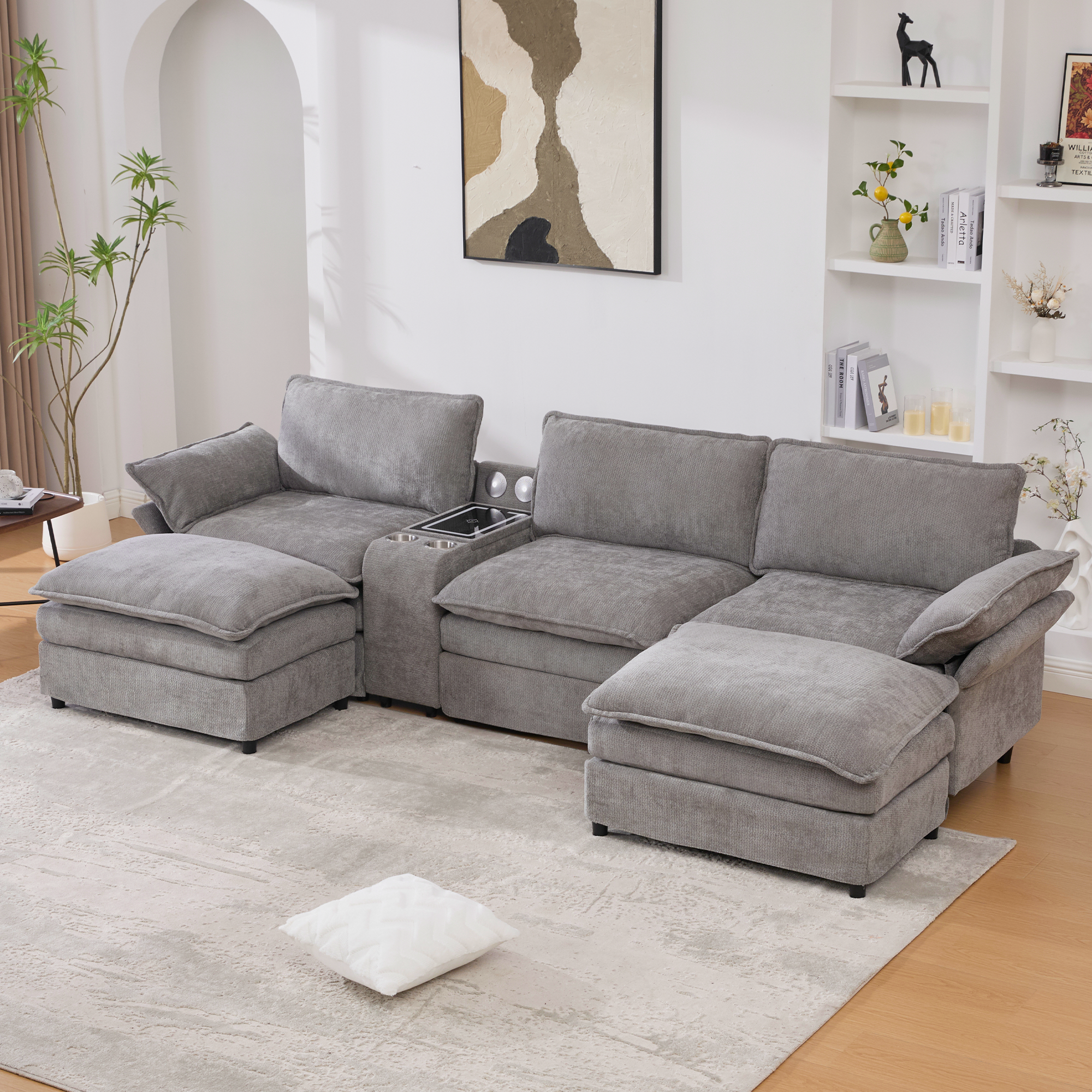 [NEW ARRIVED] [VIDEO PROVIDED]U Shaped Modular Sectional Sofa,Storage Console & Wireless Charging,2 Cup Holders,Bluetooth Speakers,2 Movable Footstools,Adjustable handrail,Movable seat,Chenille,Gray Sectional Sofa
