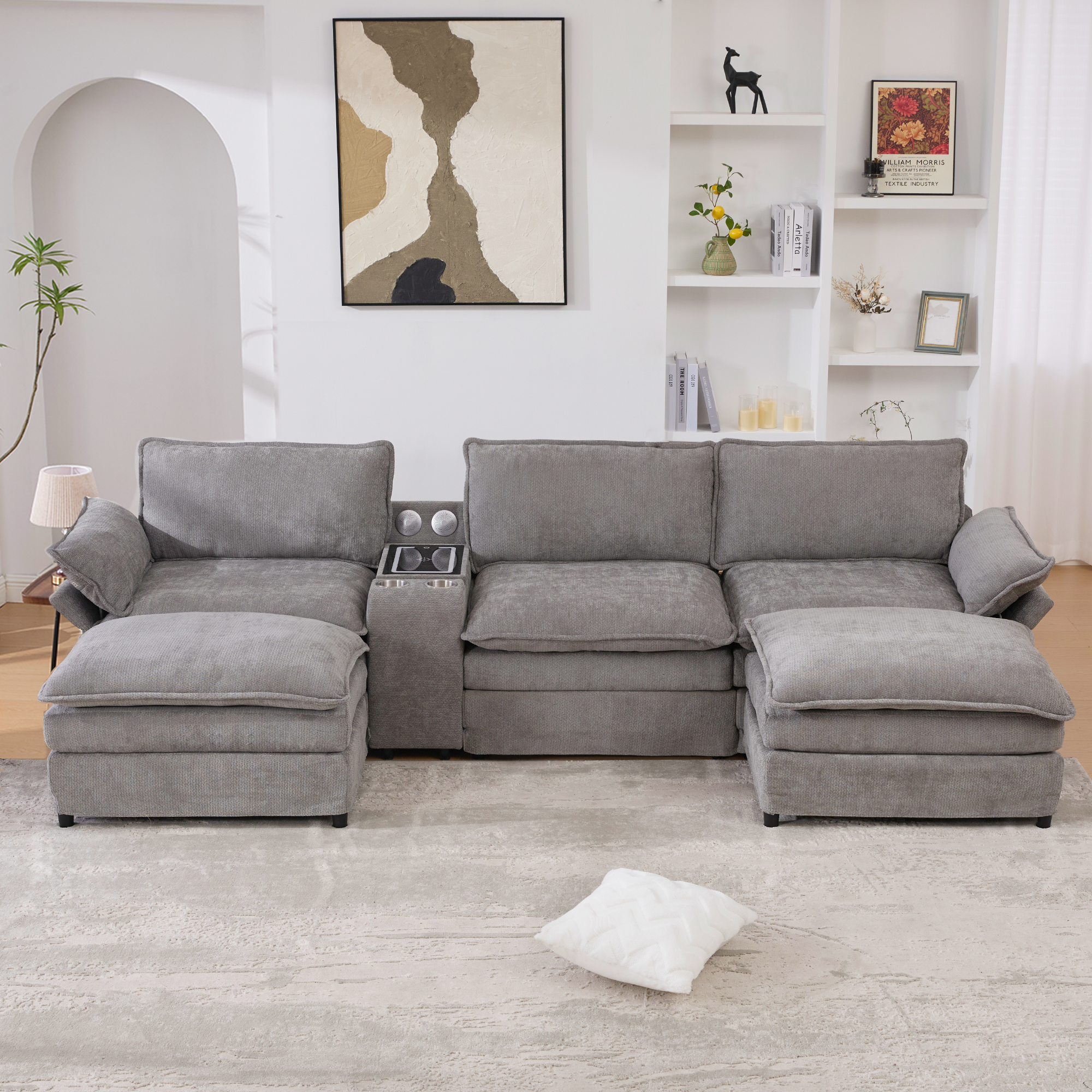 [NEW ARRIVED] [VIDEO PROVIDED]U Shaped Modular Sectional Sofa,Storage Console & Wireless Charging,2 Cup Holders,Bluetooth Speakers,2 Movable Footstools,Adjustable handrail,Movable seat,Chenille,Gray Sectional Sofa