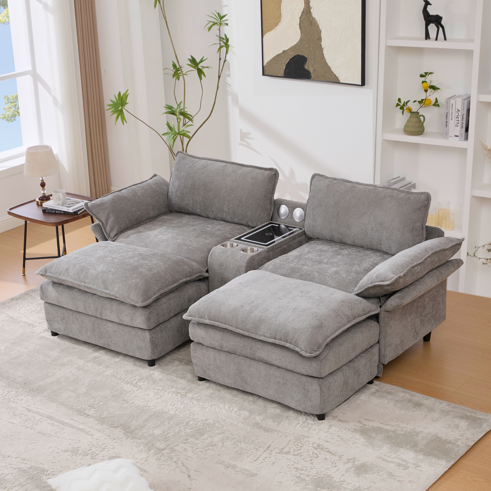 [NEW ARRIVED] [VIDEO PROVIDED]U Shaped Modular Sectional Sofa,Storage Console & Wireless Charging,2 Cup Holders,Bluetooth Speakers,2 Movable Footstools,Adjustable handrail,Movable seat,Chenille,Gray Sectional Sofa