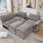 [NEW ARRIVED] [VIDEO PROVIDED]U Shaped Modular Sectional Sofa,Storage Console & Wireless Charging,2 Cup Holders,Bluetooth Speakers,2 Movable Footstools,Adjustable handrail,Movable seat,Chenille,Gray Sectional Sofa