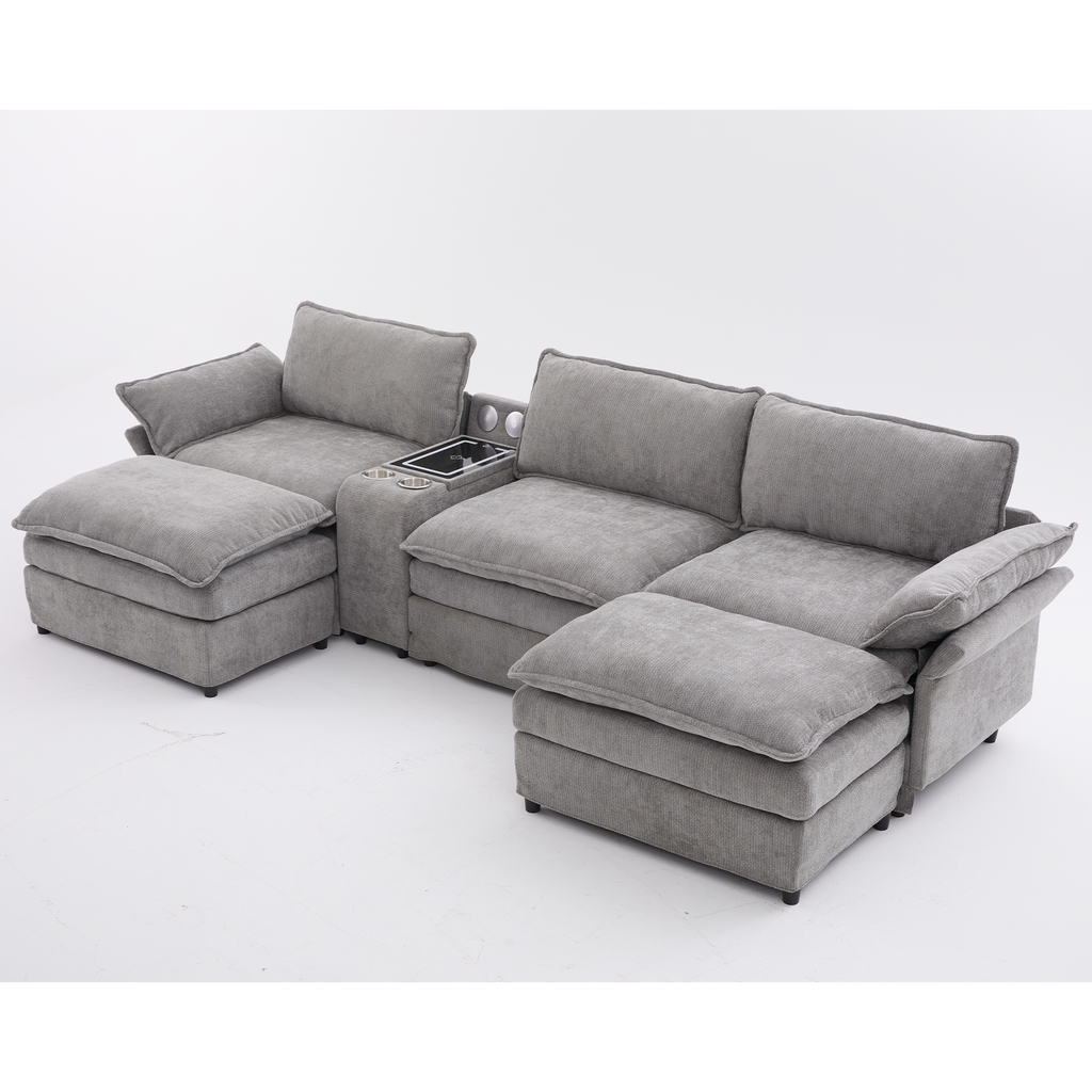 [NEW ARRIVED] [VIDEO PROVIDED]U Shaped Modular Sectional Sofa,Storage Console & Wireless Charging,2 Cup Holders,Bluetooth Speakers,2 Movable Footstools,Adjustable handrail,Movable seat,Chenille,Gray Sectional Sofa