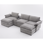 [NEW ARRIVED] [VIDEO PROVIDED]U Shaped Modular Sectional Sofa,Storage Console & Wireless Charging,2 Cup Holders,Bluetooth Speakers,2 Movable Footstools,Adjustable handrail,Movable seat,Chenille,Gray Sectional Sofa