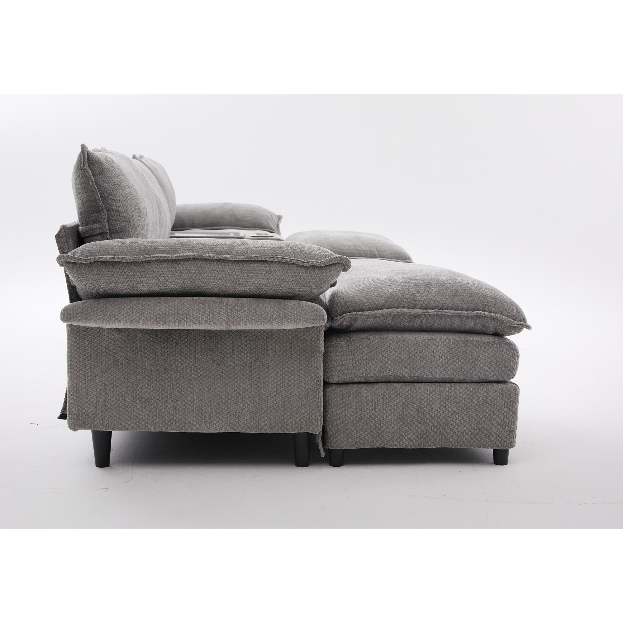 [NEW ARRIVED] [VIDEO PROVIDED]U Shaped Modular Sectional Sofa,Storage Console & Wireless Charging,2 Cup Holders,Bluetooth Speakers,2 Movable Footstools,Adjustable handrail,Movable seat,Chenille,Gray Sectional Sofa